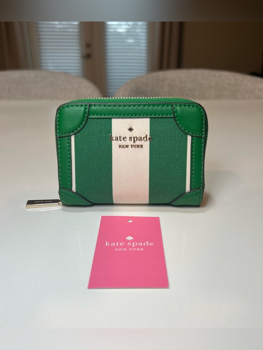 Kate Spade Even Stripe Green Traveler Small Card Wallet